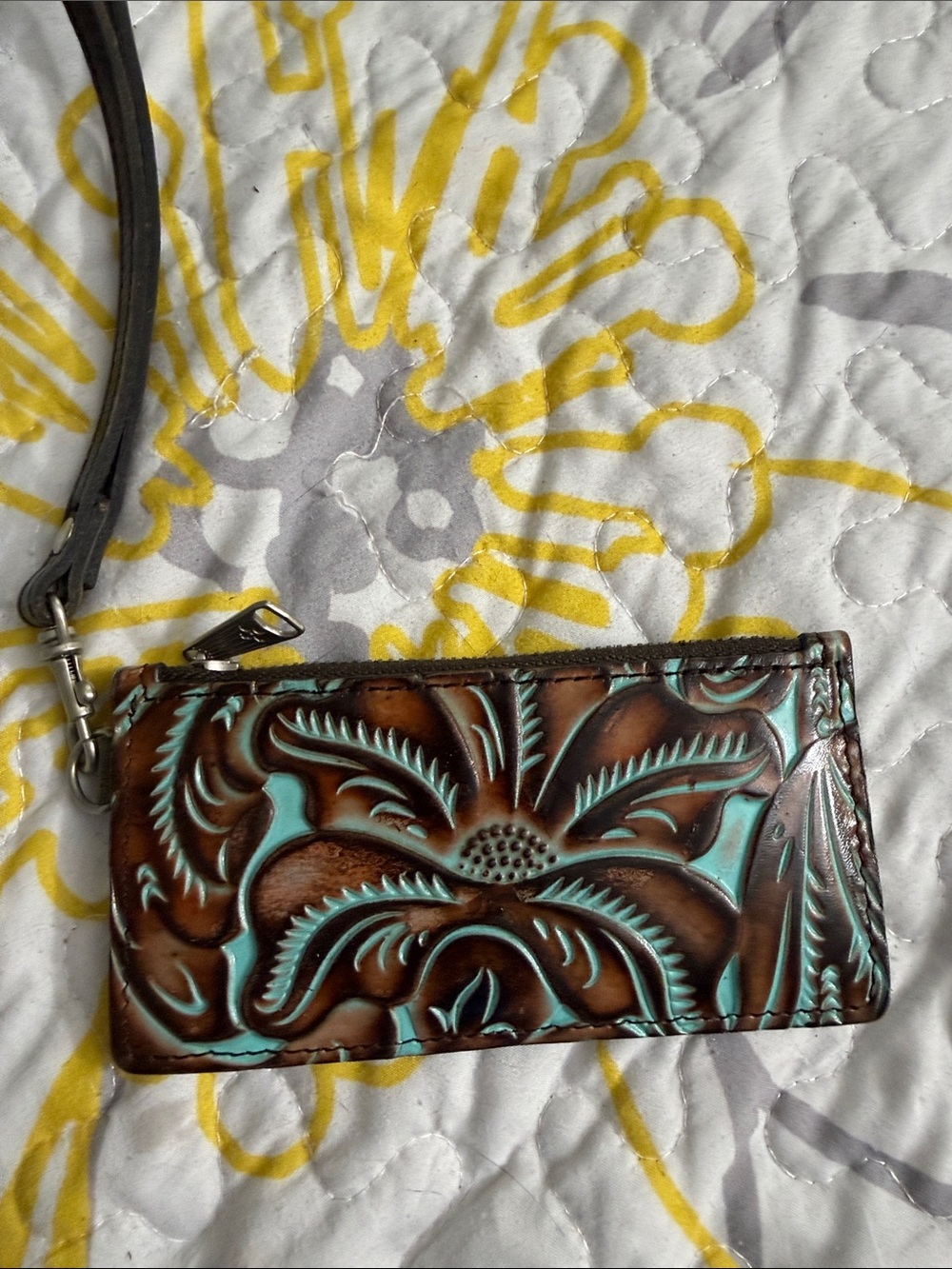 Patricia Nash Brown and Turquoise Tooled Leather Wristlet